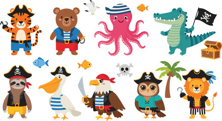 Obraz premium Vector Illustration of Pirate Animals in Costumes with Hats, Swords, and Accessories, Colorful Set on White Background