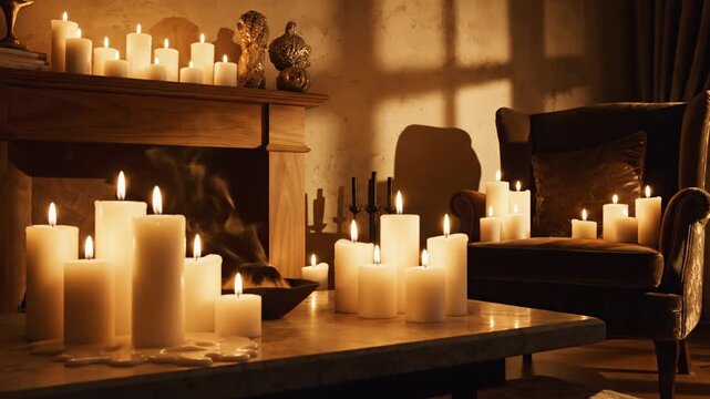 Serene evening ambiance captured with numerous flickering white pillar candles casting warm, gentle light across a cozy room, illuminating a fireplace mantel, plush armchair, and