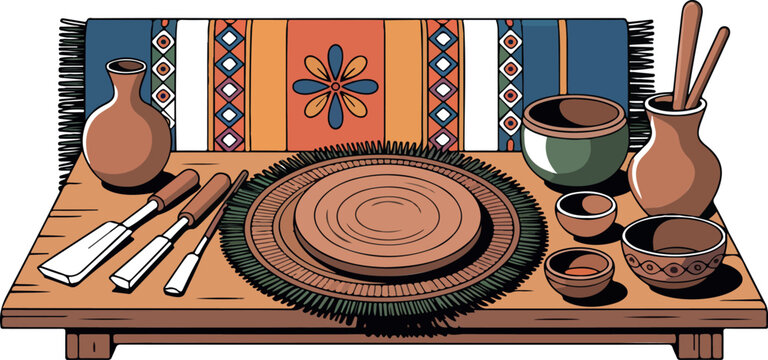 Pottery crafting table with tools, clay, and ceramic vessels on colorful textile background.