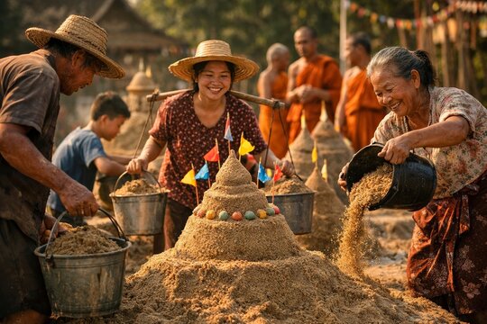 Villagers building sand pagodas with colorful flags in temple during Songkran Thailand