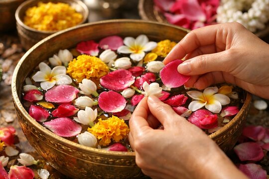 Traditional Thai scented water preparation with flowers for Songkran festival