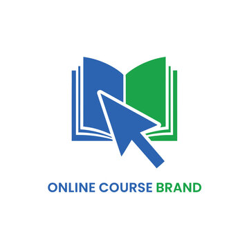 Interactive learning logo featuring book and mouse cursor arrow for online course brand.