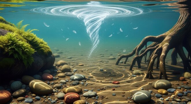 Serene underwater scene with ripples and roots.