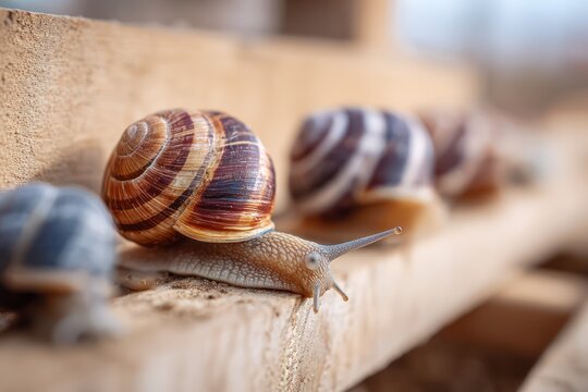 Commercial snail farm with snails on wood