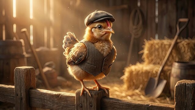Chicken Farm Hand: A whimsical chicken, attired in a waistcoat and cap, perches on a rustic fence, showcasing a captivating blend of rural charm and imaginative detail. 