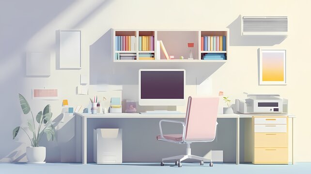 Modernes Homeoffice-Setup mit Computer, Lampe, Schreibtisch, Regale an den W&auml;nden, organisierter Arbeitsbereich.
