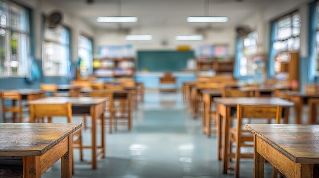 A well-lit empty classroom with wooden desks and chairs arranged in rows