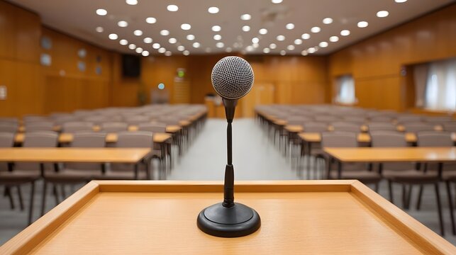 An empty conference hall with a microphone on a podium in the foreground ready for an event