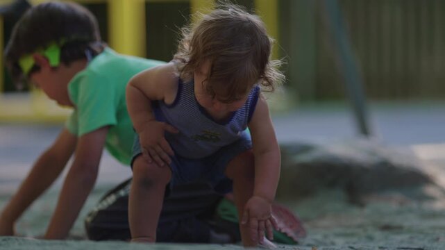 Toddler standing up from sand and walking forward in sandbox while older sibling plays in background capturing independence development and everyday outdoor childhood moment