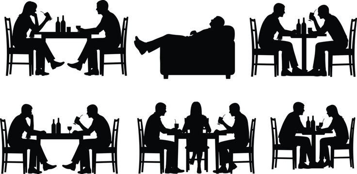 Couple dining silhouettes, restaurant dinner scene, people eating together, social gathering, cafe conversation, food and drink, lifestyle illustration concept