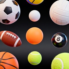 Obraz premium Assortment of Various Sports Balls on Black Background