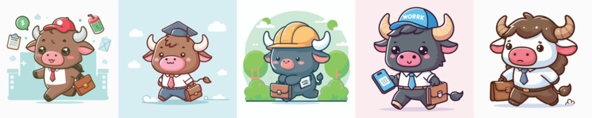 Fototapeta premium Vector image of a cute cow going to work.