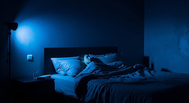 Person sleeping in bed under a blue light from a floor lamp