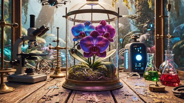 Teal and purple iridescent orchid flowers growing in a glass cloche on a laboratory workbench with a microscope, flask, and scientific equipment in a futuristic botanical greenhouse.
