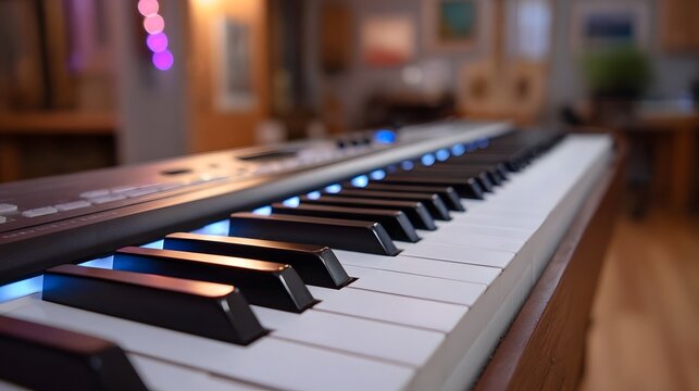 Close up of a modern electronic keyboard with glowing blue lights beneath the keys