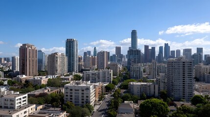 Fototapeta premium Panoramic view of a modern city skyline under a bright blue sky with scattered clouds