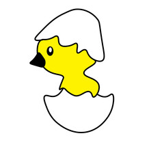Cute baby chick hatching from cracked egg in simple cartoon style. Bright yellow character with minimal outline, ideal for kids coloring pages, nursery designs, educational materials, and playful crea © Miss