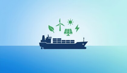 Obraz premium Minimal illustration of cargo ship silhouette with green energy icons on blue background