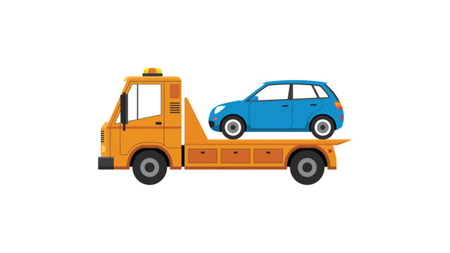Cartoon tow truck carrying compact blue hatchback car on flatbed, roadside assistance illustration isolated on white background