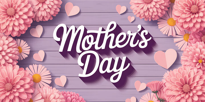 Happy Mothers Day Greeting Card with Pink Flowers on Wood