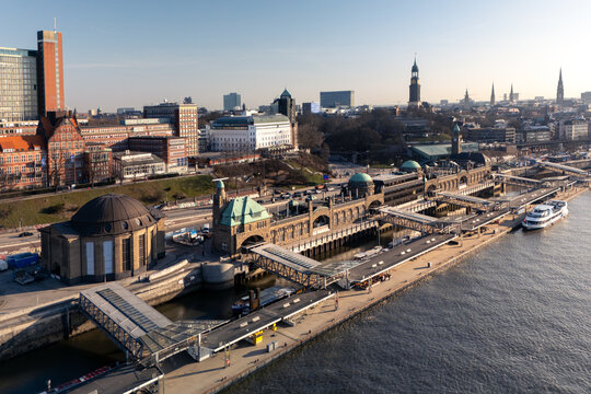 Aerial drone photo of the pier at St. Pauli Landungsbr&uuml;cken in Hamburg at sunrise