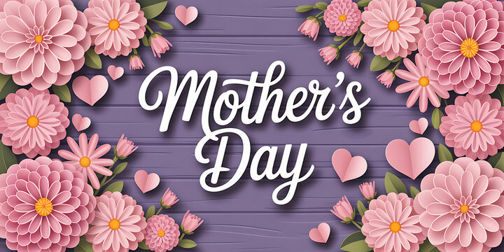 Happy Mothers Day Greeting Card with Pink Flowers and Hearts