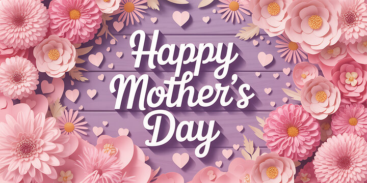 Happy Mothers Day Greeting with Pink Paper Flowers and Hearts