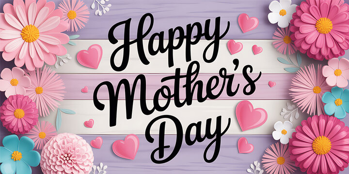Happy Mother's Day Banner with Floral Decoration and Pink Hearts