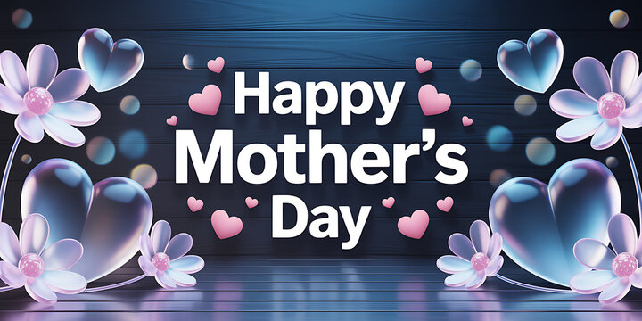 Happy Mother's Day Greeting with Elegant 3D Glass Flowers and Hearts