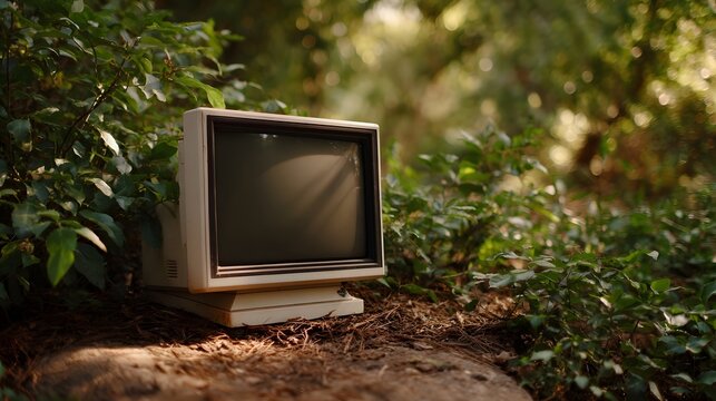 An old beige CRT computer monitor sits abandoned outdoors amidst lush green foliage and d d sunlight