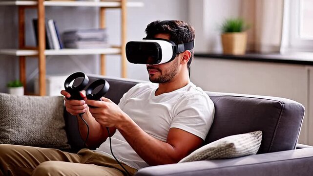 Man using VR headset and controllers while relaxing on a sofa at home, immersive virtual reality gaming or experience in modern living room setting