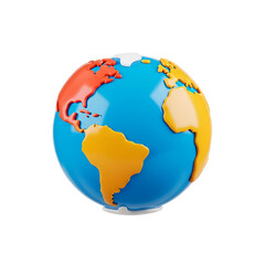 Obraz premium Stylized 3d globe showing continents with colorful landmasses and blue oceans, representing global connection and travel concepts