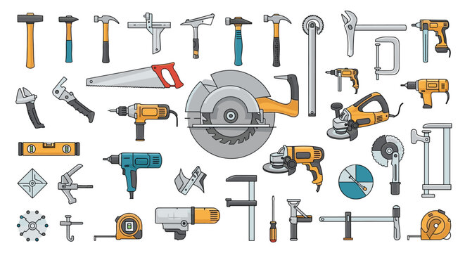 Comprehensive collection of hardware tools including hammers drills saws and clamps for professional construction work.
