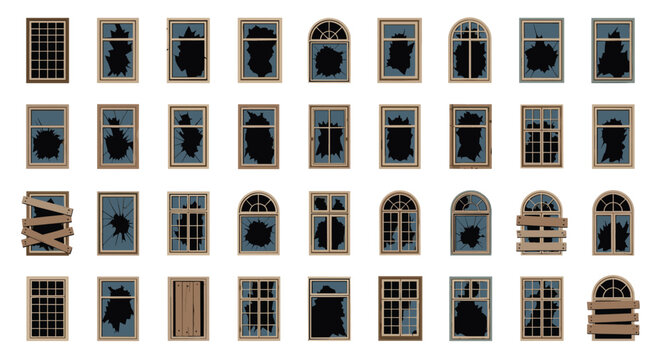 Set of various broken and boarded up window frames with shattered glass panes representing abandonment and decay.
