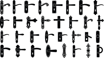 Fototapeta premium Large collection of black door handle silhouettes featuring vintage antique and modern lever styles with keyholes isolated on white background for architectural hardware design.