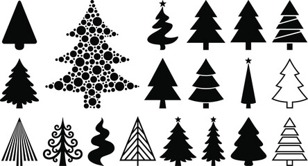 Obraz premium Comprehensive Vector Collection of Christmas Tree Silhouettes Featuring Various Fir Pine and Spruce Designs with Minimalist Geometric and Abstract Patterns for Holiday Graphic Projects.