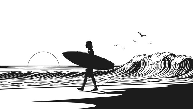 A surfer walks along the beach carrying a surfboard towards large waves at sunset with a flock of birds flying overhead.