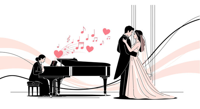 Wedding Couple Dancing to Live Piano Music with Hearts and Notes Illustration