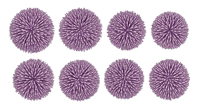 Set of eight spherical purple objects resembling pom-poms or sea urchins with a dense spikey texture on a white background.
