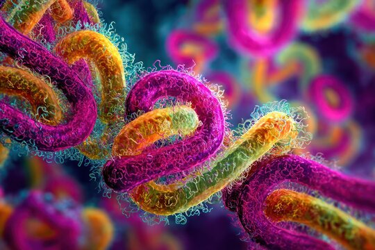 Vibrant microscopic view of spiral bacteria cells