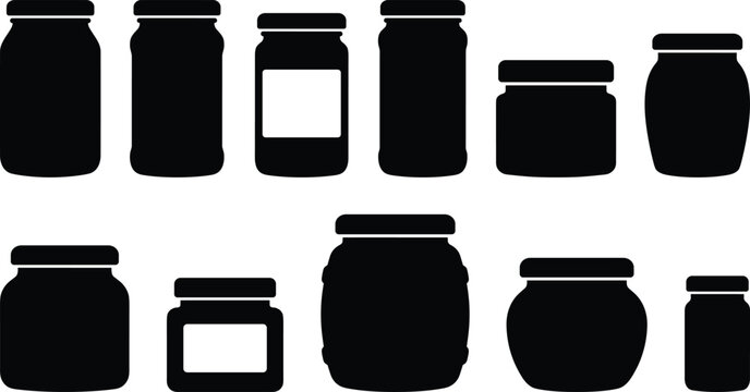 Large collection of black glass jar and bottle silhouettes in various shapes and sizes isolated on white background for food preservation and kitchen storage.