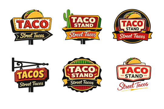 Colorful taco stand logos with cactus and street tacos themes