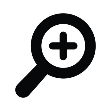 Magnifying glass focusing on a large plus symbol within a circle