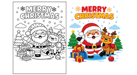 Joyful Santa Claus dancing with reindeer companion among colorful gifts and pine trees. Snowy winter background with fluffy clouds. Complete coloring activity page and full color reference guide. © SADIKUR