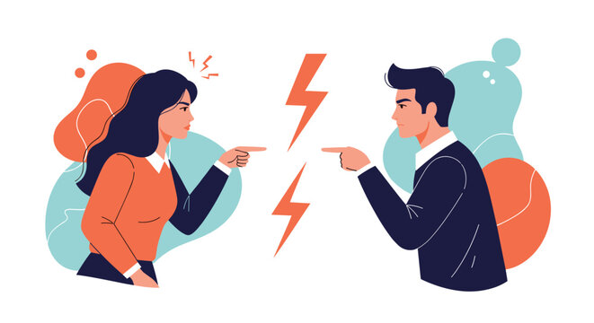 Man and woman in a heated argument, pointing fingers at each other with lightning bolt symbols representing conflict.