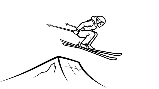 A skier in a dynamic stance jumps off a mountain peak with ski poles on a white background in a minimalist illustration.
