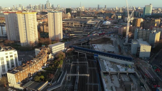 Aerial survey of Euston railway station and High Speed 2 construction revealing London skyline with residential buildings and urban development in the foreground