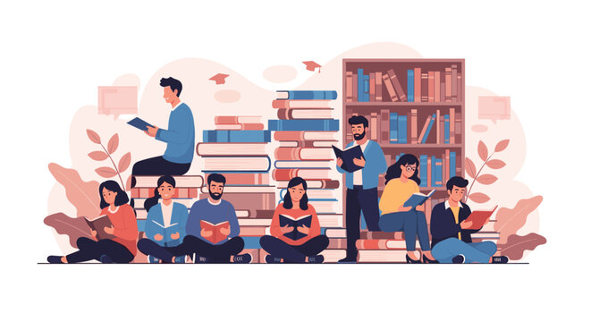 Large group of diverse students and avid readers sitting together among stacks of giant books while reading in a cozy library environment.