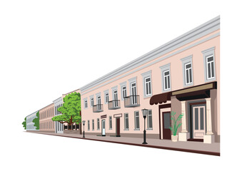 Naklejka premium One side of an old street in a modern city with houses, small shops, a road, and sidewalks, drawn in perspective. Hand-drawn vector illustration on a white background.