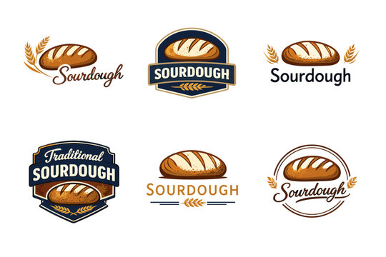 Variety of sourdough bread logos with wheat and decorative elements